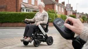 A narrow electric wheelchair being driven along a British pavement, highlighting battery durability for daily travel.