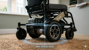 Technical illustration of a mid-wheel drive system on an indoor electric wheelchair, showing the stability and centre of gravity on a carpeted surface.
