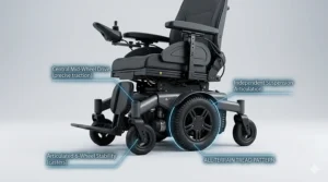 A detailed 4K illustration of the 6-wheel chassis and central drive wheel configuration of a powerchair, explaining how the design provides maximum traction and balance.