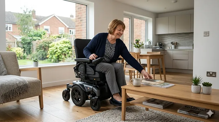 A smiling British woman using a modern mid-wheel drive powerchair in a bright, open-plan UK home, demonstrating its stylish design and indoor suitability.