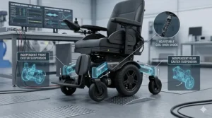 A detailed technical illustration of the independent coil-over suspension system on a mid-wheel drive powerchair, designed for a smooth ride on uneven UK pavements.