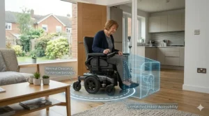 A photorealistic illustration of a user navigating a mid-wheel drive powerchair through a compact doorway, demonstrating unmatched indoor accessibility in a British house.