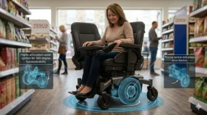 A user effortlessly navigating a narrow UK supermarket aisle in a mid-wheel drive powerchair, illustrating 360-degree manoeuvrability for everyday British shopping.