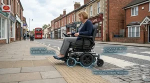 A mid-wheel drive powerchair traversing tactile paving at a UK pedestrian crossing, showing high-quality stability and outdoor performance near a red double-decker bus.
