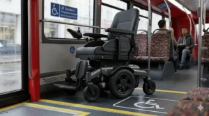 A modern mid-wheel drive powerchair positioned securely in the dedicated wheelchair space of a low-floor British bus, highlighting ease of use on UK public transport.
