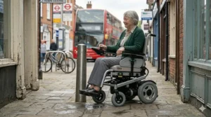 Comparison of a mid-wheel drive electric wheelchair versus a rear-wheel drive model's turning circle.