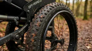 Close-up of rugged, high-traction mountain bike tyres on an off road wheelchair with mud from a forest trail.