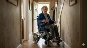 A narrow compact electric wheelchair being driven through a traditional UK hallway with floral wallpaper and wooden flooring.