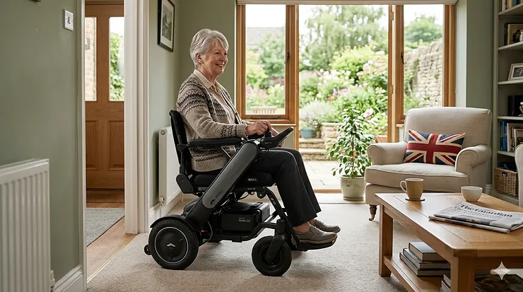 A compact and narrow electric wheelchair being used easily inside a modern British living room. narrow electric wheelchair