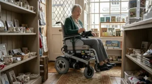A narrow electric wheelchair turning 360 degrees inside a small British boutique shop.