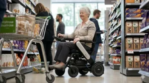 A person using a narrow power wheelchair to navigate through a crowded British supermarket aisle.