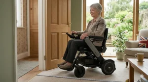 A narrow powerchair demonstrating a tight turning circle for easy use in small hallways.