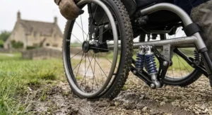 Technical detail of the dual-spring suspension system on an all-terrain wheelchair designed for comfort on bumpy British trails.