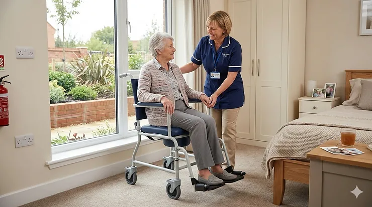 A high-quality portable commode wheelchair with padded seat and footrests, positioned in a modern British care home bedroom. portable commode wheelchair for care home