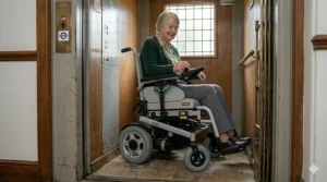 A user easily rotating their power wheelchair inside a standard-sized UK passenger lift.