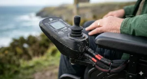 Close-up of an ergonomic joystick controller with a digital display on an all-terrain powerchair overlooking the coast.
