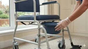 Illustration of a removable commode pan with a lid, highlighting ease of waste management for care staff.
