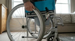 Detail of the secure hand-operated parking brakes with an ergonomic handle fully engaged against the large rear tyre of the self-propelling commode chair.