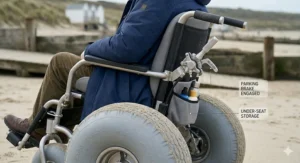 Close-up of a sand wheelchair showing the integrated parking brake lever and a mesh under-seat storage bag for beach essentials.