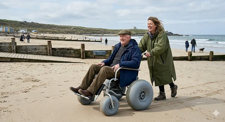 A person being pushed in a sand wheelchair with large grey balloon tyres on a sandy British beach with wooden groynes and beach huts. sand wheelchair with balloon tyres