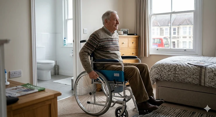 A chrome-framed self-propel commode wheelchair with large rear wheels and padded waterproof seating in a bedroom with typical British decor. self propel commode wheelchair