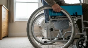 Close-up of the large ergonomic spoked rear wheels and grey handrim on a self-propel commode wheelchair for independent user movement.