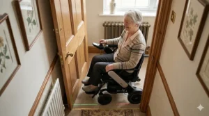 Top-down view of a slimline motorised wheelchair passing through a standard narrow UK door frame.