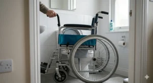 A waterproof blue-framed self-propel commode wheelchair positioned over a standard white toilet in a clean tiled UK ensuite bathroom.