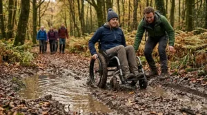 An off road wheelchair for hiking trails being pushed through a deep, water-filled puddle on a muddy British bridleway.