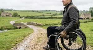 Detailed shot of a user engaging the locking brakes on a large-wheeled wheelchair while positioned on an uneven grassy surface.