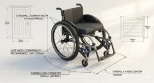 A technical diagram showing the dimensions and turning circle of a grass-friendly wheelchair relative to a standard UK garden gate.
