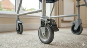 Close-up of secure braked castors on a portable commode wheelchair for care home safety.