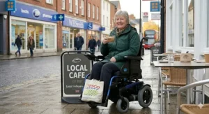 A motorised wheelchair for MS users navigating an accessible UK high street with familiar British shops.
