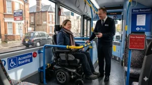 A user in a rear wheel drive powerchair securely positioned in the dedicated wheelchair space on a low-floor London bus.
