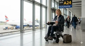 A woman in a travel electric wheelchair at an airport departure gate with a British Airways aircraft visible on the tarmac, highlighting airline-approved features.
