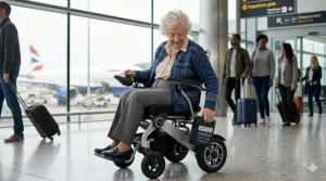 An elderly woman removing a compact battery pack with airline-friendly markings from her powerchair at a busy UK airport terminal with a British Airways plane visible in the background.