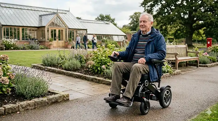 A man using a modern auto folding electric wheelchair on a paved path in a British garden, featuring a traditional greenhouse and red post box. auto folding electric wheelchair