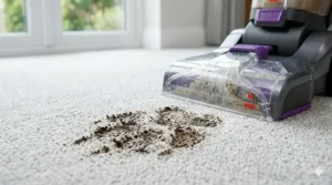 Alt text for image 2: A powerful upright carpet washer effectively removing muddy paw prints from a light-coloured hallway carpet.