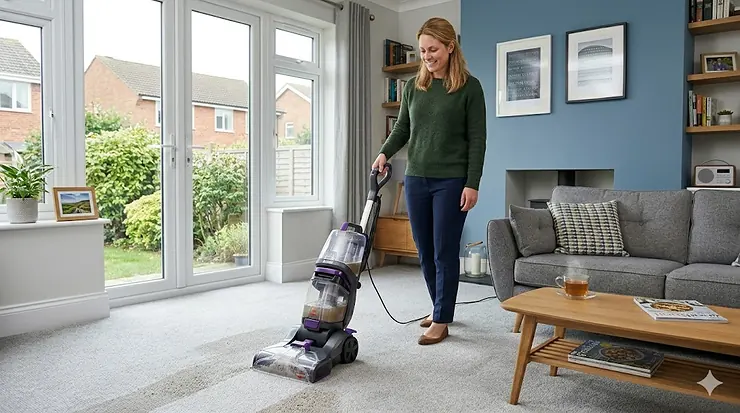 Alt text for image 1: A person using the best carpet cleaner to remove stains from a light grey lounge carpet in a modern UK home. powerchair that climbs kerbs
