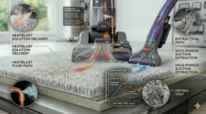 Alt text for image 9: A detailed infographic showing the fluid path and high-power suction extraction of a professional-grade carpet cleaning machine.