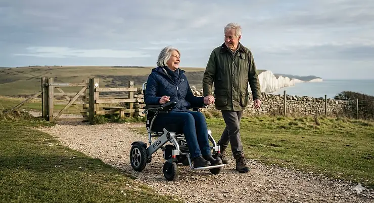 A woman using a modern electric wheelchair under £1000 on a coastal path overlooking the South Downs and Seven Sisters. electric wheelchair under £1000