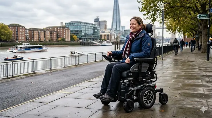 A modern rear wheel drive powerchair positioned on a paved British high street, showing its robust chassis and comfortable seating system. rear wheel drive powerchair