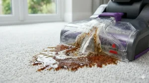 Alt text for image 3: A close-up of a carpet cleaner nozzle lifting a dark tea stain from a thick, cream-coloured carpet pile.