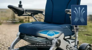 Infographic showing the breathable mesh and pressure-relieving gel seat cushion on an electric wheelchair under £1000.