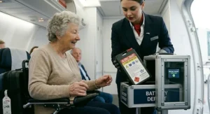 A traveller preparing to leave their airline approved electric wheelchair at the aeroplane door to move to their cabin seat, highlighting a smooth transition for air travel.