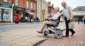 A compact electric wheelchair for elderly users navigating a narrow hallway inside a traditional British home.