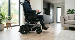 Illustration showing the tight turning circle and manoeuvrability of a fast electric wheelchair inside a modern British home.