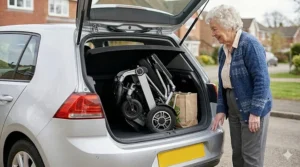 A silver hatchback car with the fully folded light-grey powerchair frame securely tucked into the compact boot space, illustrating its ease of transport for UK drivers.