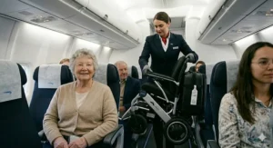 A user in a sleek, compact electric wheelchair navigating the wide, accessible corridors of a modern UK airport terminal with ease.