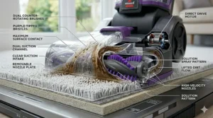 Alt text for image 5: A technical diagram showing rotating brush bars and dual suction channels lifting dirt from a carpet.